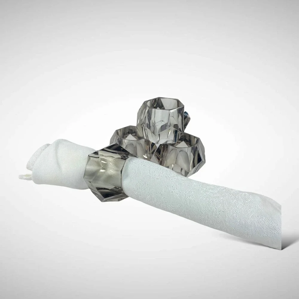 Light Smoky Lucite Napkin‎ Rings Set of 4 Geometric Faceted Acrylic 1980s Decor